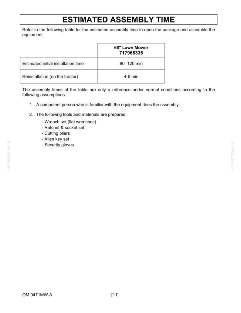 Puede incluir: Un documento titulado ESTIMATED ASSEMBLY TIME para un cortac&eacute;sped de 66 pulgadas 717966336. Indica un tiempo de instalaci&oacute;n inicial de 90-120 minutos y una reinstalaci&oacute;n de 4-6 minutos, enumerando herramientas necesarias como llaves y guantes de seguridad.