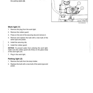 May include: Diagram illustrating the replacement of front work lights and parking lights. The image includes numbered steps and a detailed view of the work light components, with labels for easy identification.