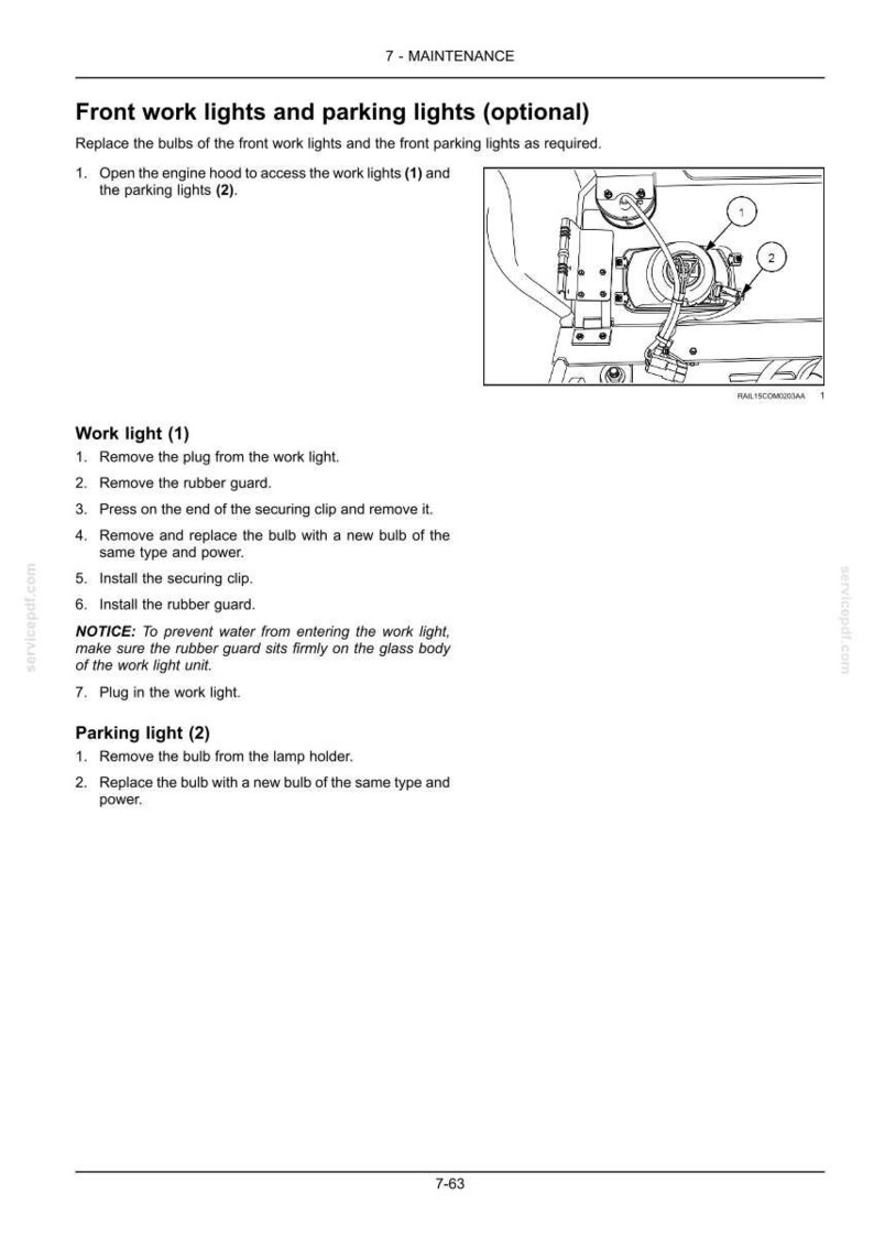 May include: Diagram illustrating the replacement of front work lights and parking lights. The image includes numbered steps and a detailed view of the work light components, with labels for easy identification.