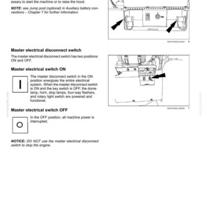 May include: Diagram of a vehicle's control panel, detailing the jump post and master electrical disconnect switch. The image includes text descriptions and illustrations of the switch positions, ON and OFF, with arrows indicating their function.