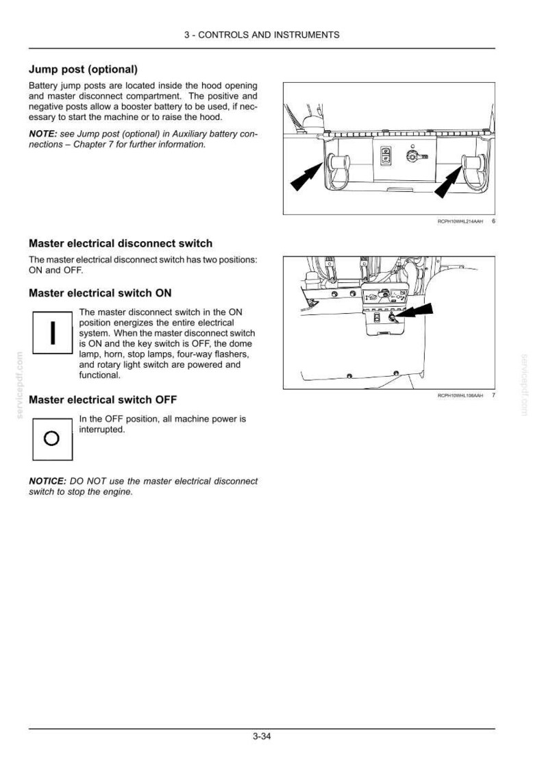 May include: Diagram of a vehicle's control panel, detailing the jump post and master electrical disconnect switch. The image includes text descriptions and illustrations of the switch positions, ON and OFF, with arrows indicating their function.