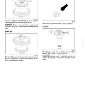 K&ouml;nnte beinhalten: Eine technische Handbuchseite mit der &Uuml;berschrift 6003-58, die Montageschritte f&uuml;r eine K4-Kupplung zeigt. Diagramme veranschaulichen das Anbringen eines Lagers und eines Winkelrings an einem Zahnrad, mit Anweisungen zum Erhitzen auf 120 Grad Celsius.