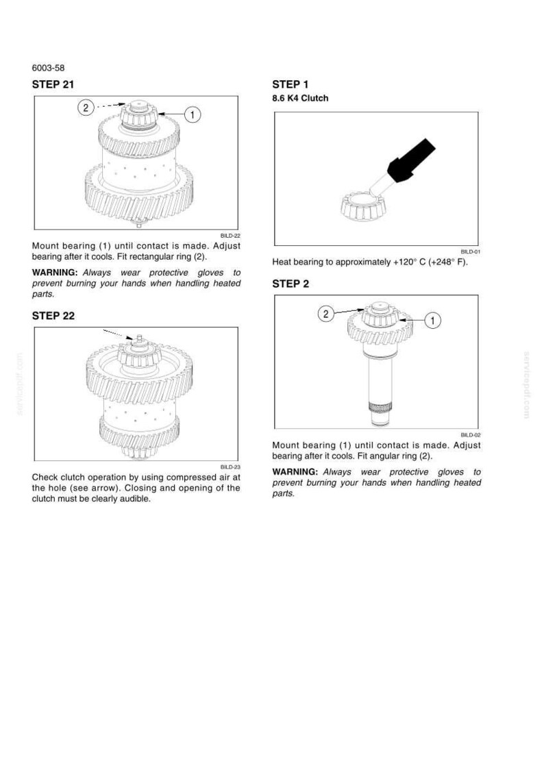 K&ouml;nnte beinhalten: Eine technische Handbuchseite mit der &Uuml;berschrift 6003-58, die Montageschritte f&uuml;r eine K4-Kupplung zeigt. Diagramme veranschaulichen das Anbringen eines Lagers und eines Winkelrings an einem Zahnrad, mit Anweisungen zum Erhitzen auf 120 Grad Celsius.
