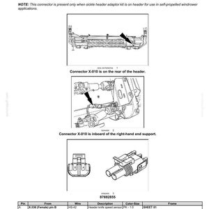 May include: Diagram of wire connectors, component diagram 01, including connectors X-010 to X-019. The diagram includes illustrations of the connectors and a table with pin, wire, and description details. The text includes the header knife speed sensor.