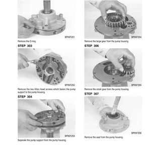 May include: A black and white diagram illustrating the disassembly of an oil pump. The steps include removing the O-ring, screws, gears, and seal. Text includes "DISASSEMBLY OF THE OIL PUMP" and step numbers.