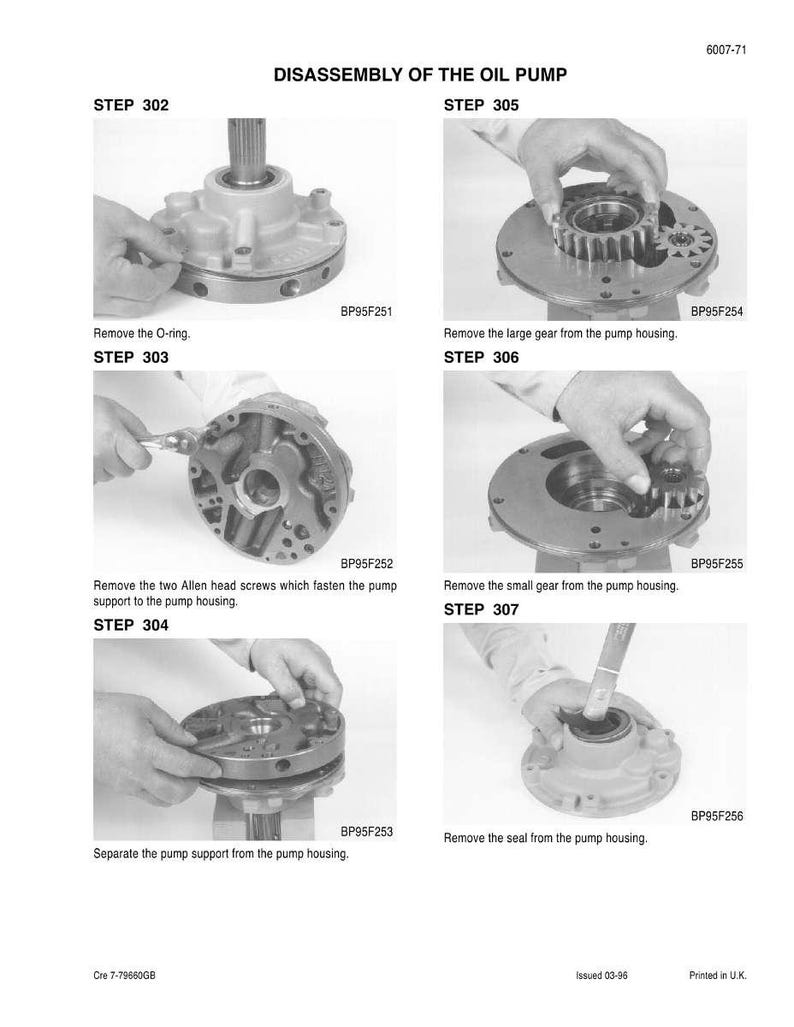 May include: A black and white diagram illustrating the disassembly of an oil pump. The steps include removing the O-ring, screws, gears, and seal. Text includes "DISASSEMBLY OF THE OIL PUMP" and step numbers.