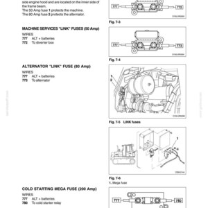 May include: Diagram from a manual showing electrical system components, including fuses and wiring. The text includes labels for "LINK" fuses, alternator fuses, and a mega fuse, with associated wiring details and diagrams. The page is titled "ELECTRICAL SYSTEM".