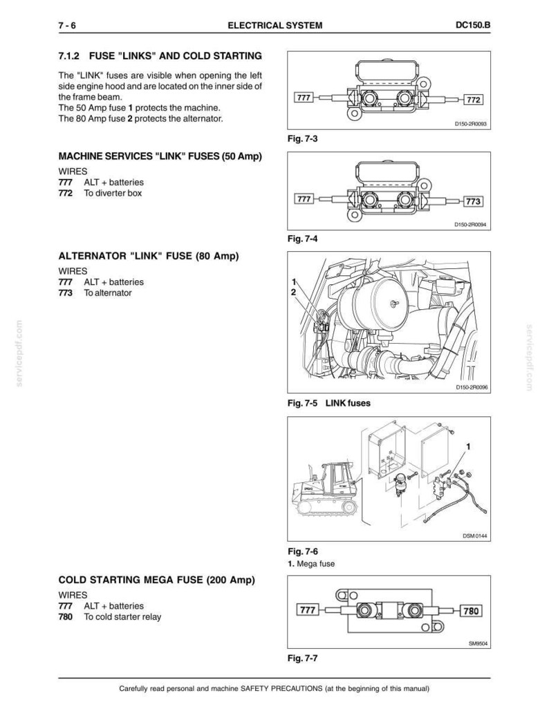 May include: Diagram from a manual showing electrical system components, including fuses and wiring. The text includes labels for "LINK" fuses, alternator fuses, and a mega fuse, with associated wiring details and diagrams. The page is titled "ELECTRICAL SYSTEM".
