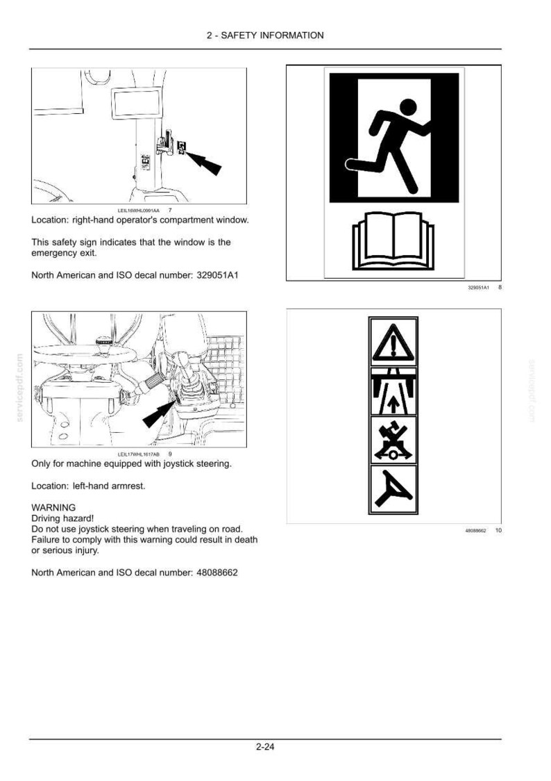 Puede incluir: Una p&aacute;gina de documento t&eacute;cnico titulada 2-SAFETY INFORMATION que presenta cuatro diagramas en blanco y negro. Dos diagramas muestran componentes de maquinaria con flechas que se&ntilde;alan ubicaciones espec&iacute;ficas, mientras que otros dos muestran s&iacute;mbolos de seguridad.