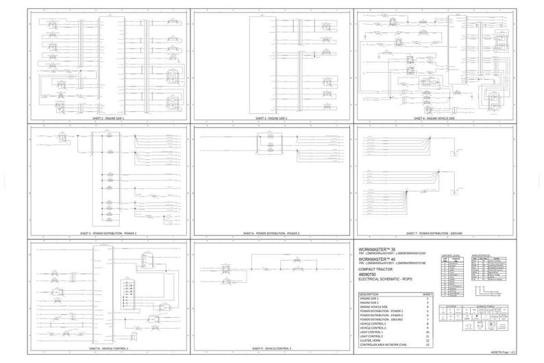 May include: A detailed electrical schematic for a compact tractor, featuring multiple diagrams of wiring and component layouts. The diagrams are in black and white, with labels and notations.