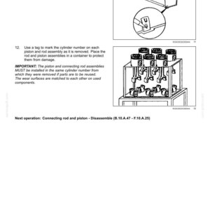 Puede incluir: Diagrama de un manual que muestra componentes del motor. Incluye un primer plano de una leng&uuml;eta de cojinete marcada con una "U", y una ilustraci&oacute;n de pistones y bielas. El texto incluye instrucciones de desmontaje y montaje.