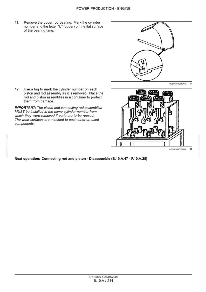 Puede incluir: Diagrama de un manual que muestra componentes del motor. Incluye un primer plano de una leng&uuml;eta de cojinete marcada con una "U", y una ilustraci&oacute;n de pistones y bielas. El texto incluye instrucciones de desmontaje y montaje.