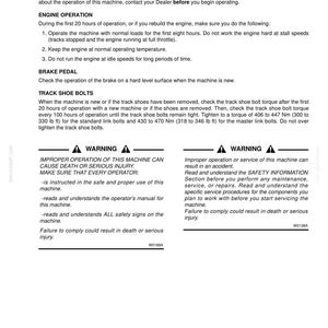 May include: A page from an operating manual with the title "RUN-IN PERIOD OF A NEW MACHINE." The text provides instructions for engine operation, brake pedal checks, and track shoe bolt maintenance. Safety warnings are also included.