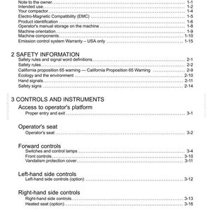 May include: A page from a manual titled "Contents" with a list of topics including "General Information", "Safety Information", and "Controls and Instruments". The text is black on a white background.