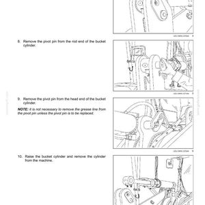 May include: Diagram of a front loader bucket hydraulic system, with step-by-step instructions. The image shows detailed illustrations of the system's components, including bolts, washers, cylinders, and pivot pins. Text instructions are included.