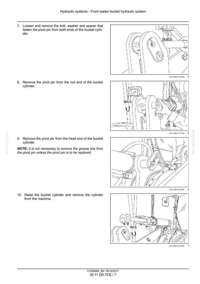 May include: Diagram of a front loader bucket hydraulic system, with step-by-step instructions. The image shows detailed illustrations of the system's components, including bolts, washers, cylinders, and pivot pins. Text instructions are included.