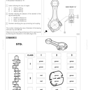Pu&ograve; includere: Una pagina di manuale tecnico intitolata Selecting the Big End Bearing Shells, che presenta un diagramma di una biella, un'illustrazione dell'albero motore e una tabella di selezione a colori per i cuscinetti con specifiche di peso e diametro.