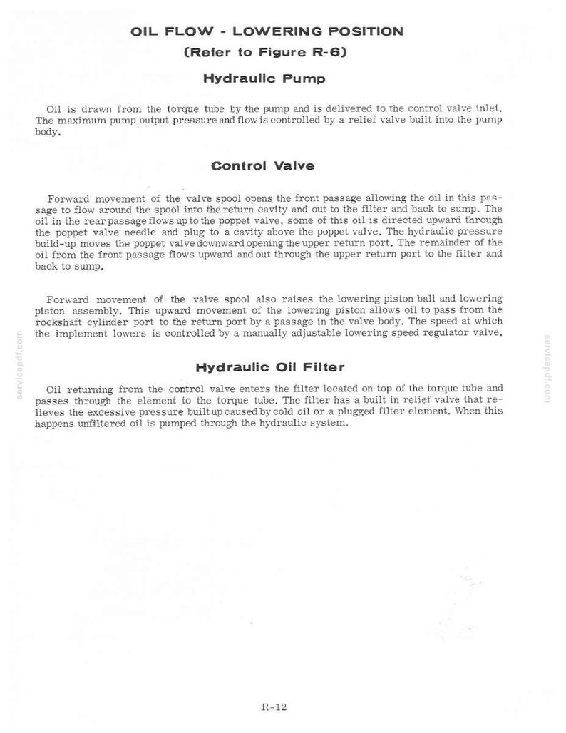 May include: A page from a manual detailing oil flow in a hydraulic system. The text includes sections on the hydraulic pump, control valve, and hydraulic oil filter, with diagrams referenced. The document is in black text on a white background.