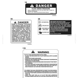 Puede incluir: Una p&aacute;gina de manual con calcoman&iacute;as de seguridad. Las calcoman&iacute;as incluyen advertencias sobre fluidos a presi&oacute;n, gases explosivos y protecci&oacute;n ocular. Se proporcionan instrucciones para inclinar y bajar una cabina.