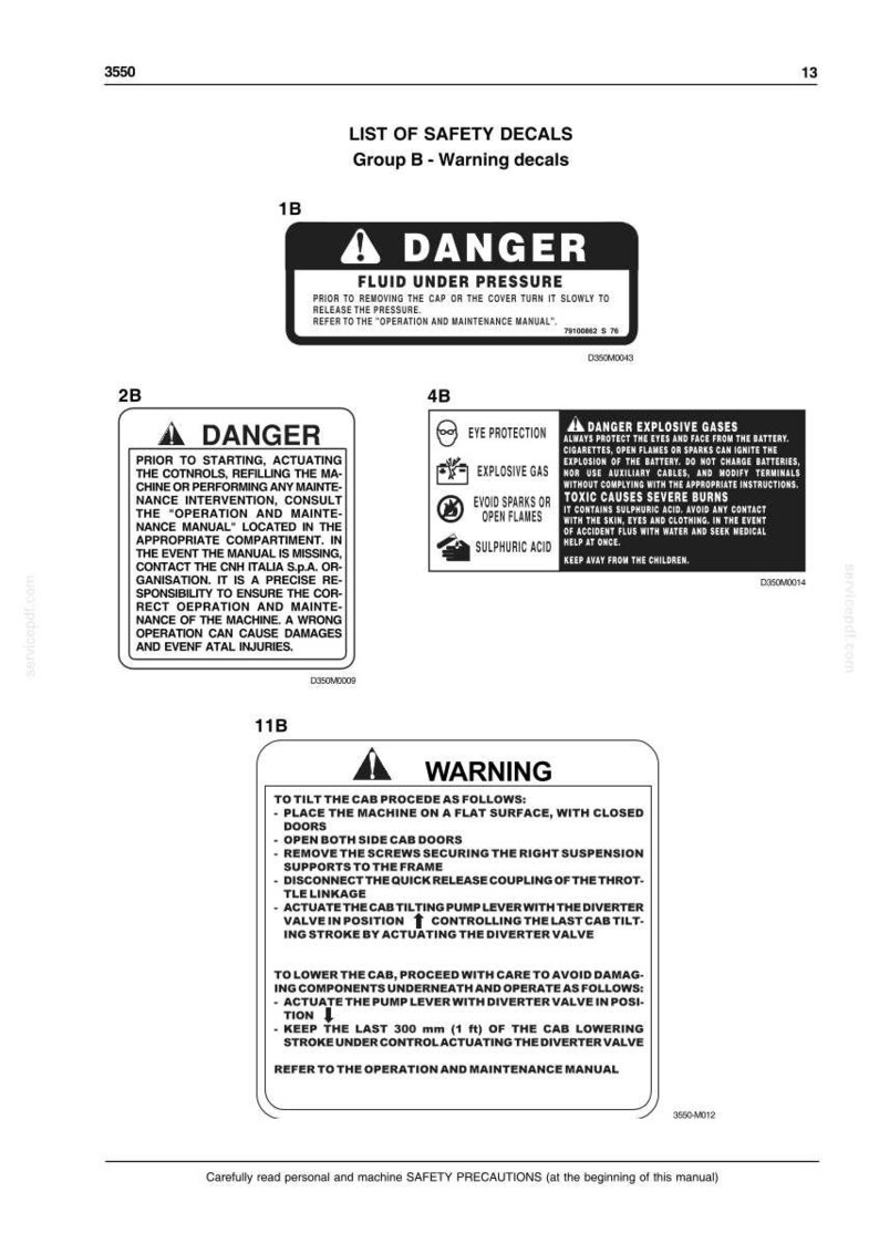 Puede incluir: Una p&aacute;gina de manual con calcoman&iacute;as de seguridad. Las calcoman&iacute;as incluyen advertencias sobre fluidos a presi&oacute;n, gases explosivos y protecci&oacute;n ocular. Se proporcionan instrucciones para inclinar y bajar una cabina.