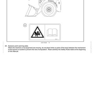 May include: A technical line drawing from a manual showing a construction vehicle with a scissors point warning plate. The label features a triangular hazard icon depicting a limb being crushed and an open book icon for safety instructions.