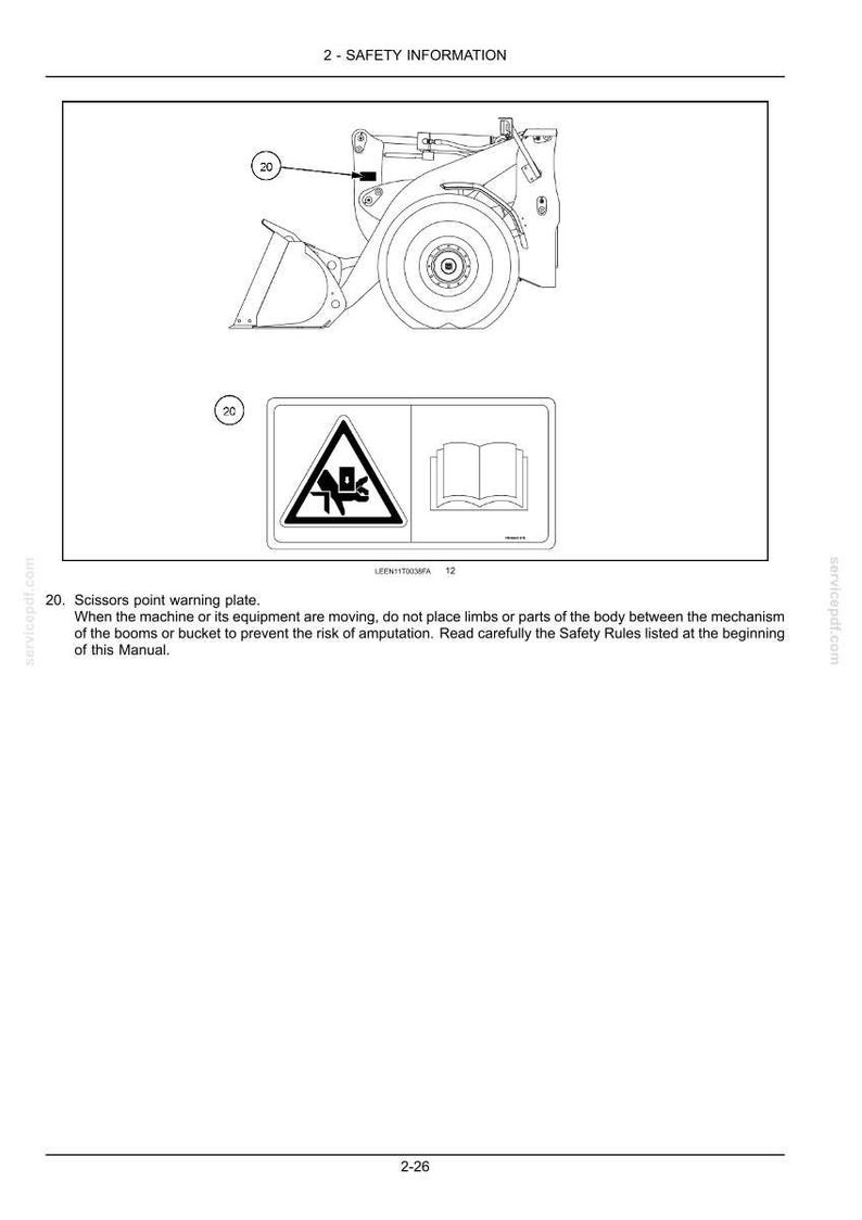 May include: A technical line drawing from a manual showing a construction vehicle with a scissors point warning plate. The label features a triangular hazard icon depicting a limb being crushed and an open book icon for safety instructions.
