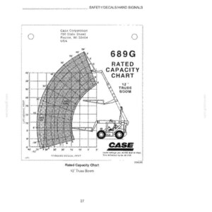 Op de afbeelding: Een technische tekening voor een Case 689G machine, met een capaciteitstabel voor een 12 voet vakwerkboom. De tabel bevat metingen en een diagram van de machine, met het Case-logo prominent aanwezig.
