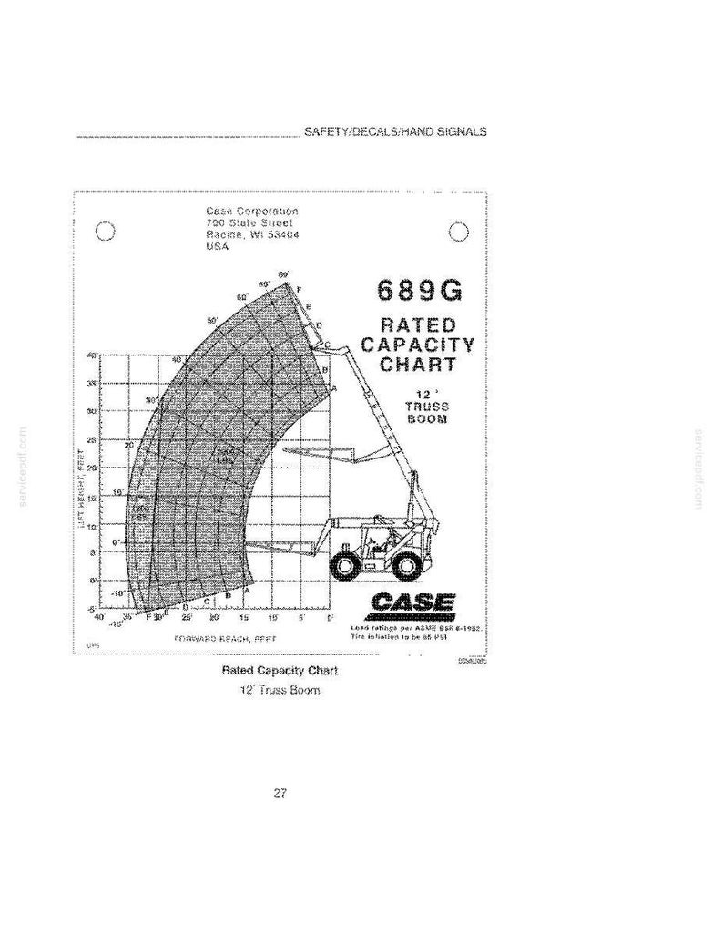Op de afbeelding: Een technische tekening voor een Case 689G machine, met een capaciteitstabel voor een 12 voet vakwerkboom. De tabel bevat metingen en een diagram van de machine, met het Case-logo prominent aanwezig.