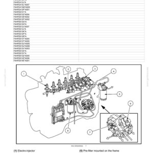 May include: Diagram of a fuel injection system, labeled with components like electro-injectors, common rail, and fuel filter. The image includes a detailed view of the high-pressure pump and pre-filter, with text annotations.