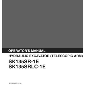 May include: A gray and white operator's manual for a Kobelco hydraulic excavator with a telescopic arm. The cover displays the text Kobelco, Operator's Manual, Hydraulic Excavator (Telescopic Arm), SK135SR-1E, SK135SRLC-1E, and Issued 02-2002.