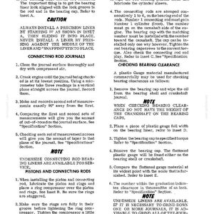 May include: A page from a manual detailing the assembly and installation of engine components, including bearing liners, connecting rods, and pistons. The text is accompanied by diagrams and instructions for proper installation and maintenance procedures.