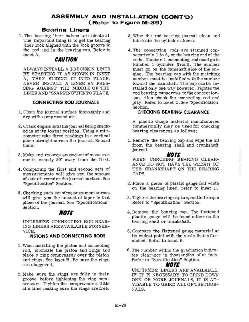 May include: A page from a manual detailing the assembly and installation of engine components, including bearing liners, connecting rods, and pistons. The text is accompanied by diagrams and instructions for proper installation and maintenance procedures.