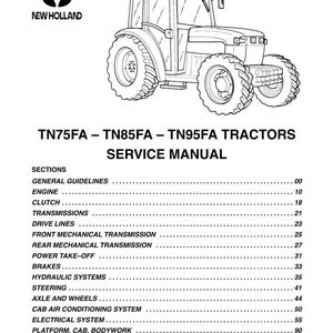 May include: Black and white line drawing of a New Holland tractor. The image is from a service manual for TN75FA, TN85FA, and TN95FA tractors. The manual's table of contents is also visible, listing sections like Engine, Clutch, and Brakes.