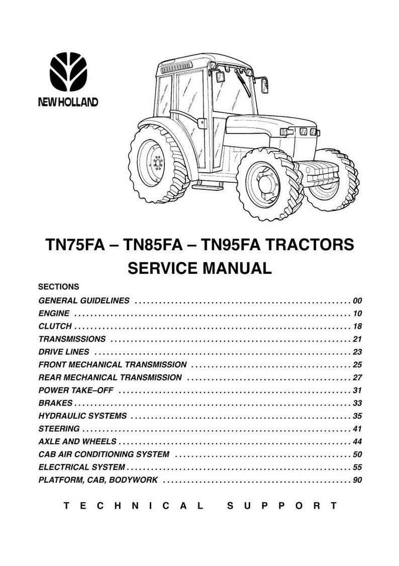 May include: Black and white line drawing of a New Holland tractor. The image is from a service manual for TN75FA, TN85FA, and TN95FA tractors. The manual's table of contents is also visible, listing sections like Engine, Clutch, and Brakes.