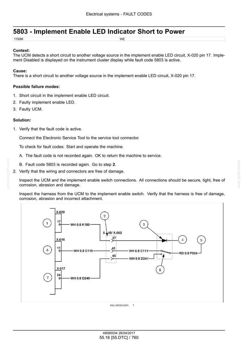 May include: Diagram of electrical system fault codes, including text about fault 5803, implement enable LED indicator short to power. The diagram includes a schematic with numbered components and wiring details.
