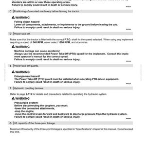 May include: A black and white document page titled 2-SAFETY INFORMATION. It contains warnings regarding tractor operation, including implement areas, falling object hazards, P.T.O. shaft speeds, power take-off guards, and hydraulic coupling device safety.