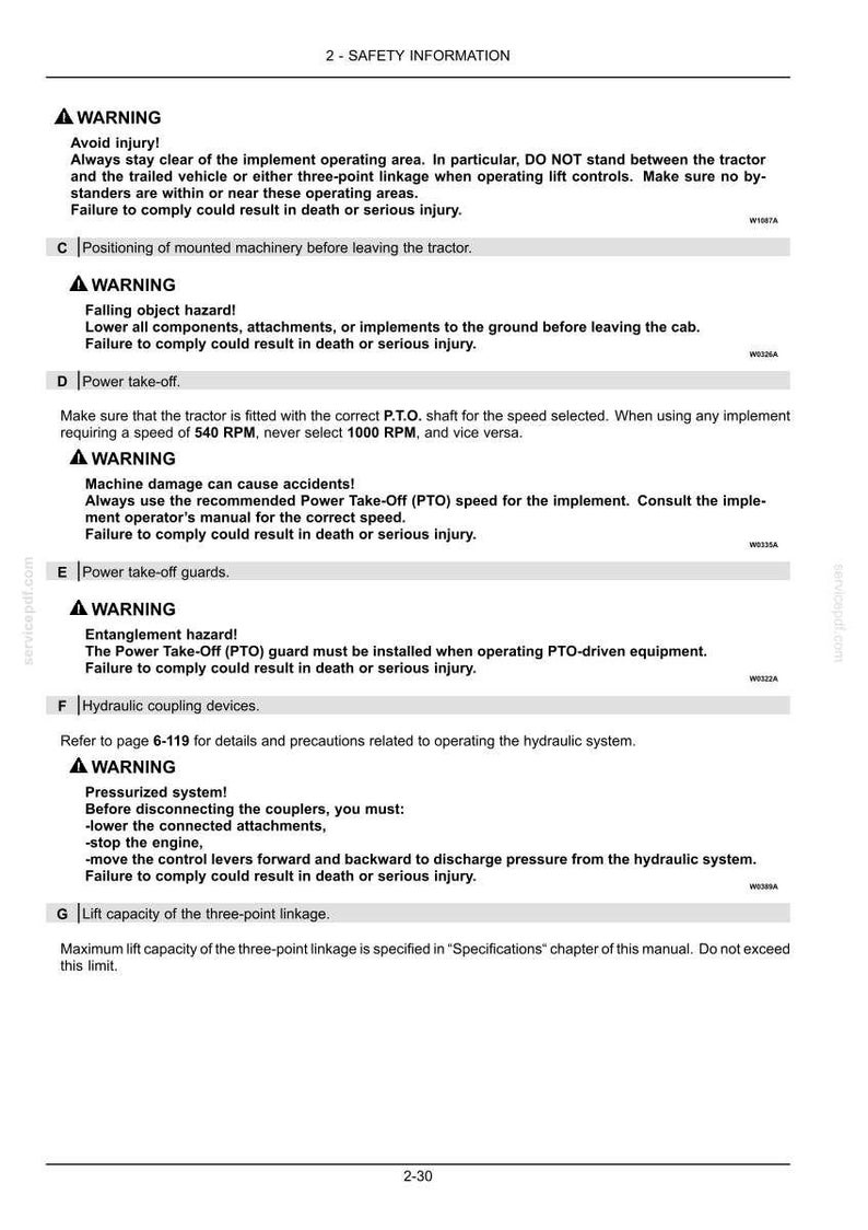 May include: A black and white document page titled 2-SAFETY INFORMATION. It contains warnings regarding tractor operation, including implement areas, falling object hazards, P.T.O. shaft speeds, power take-off guards, and hydraulic coupling device safety.