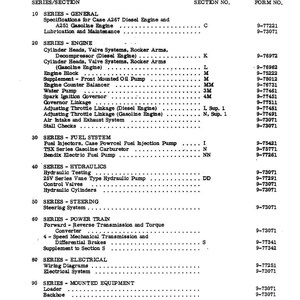 May include: A black and white document titled "680 CK Loader Backhoe Table of Contents." The document lists various sections and series, including engine, fuel system, hydraulics, steering, power train, electrical, and mounted equipment. Form numbers are listed.
