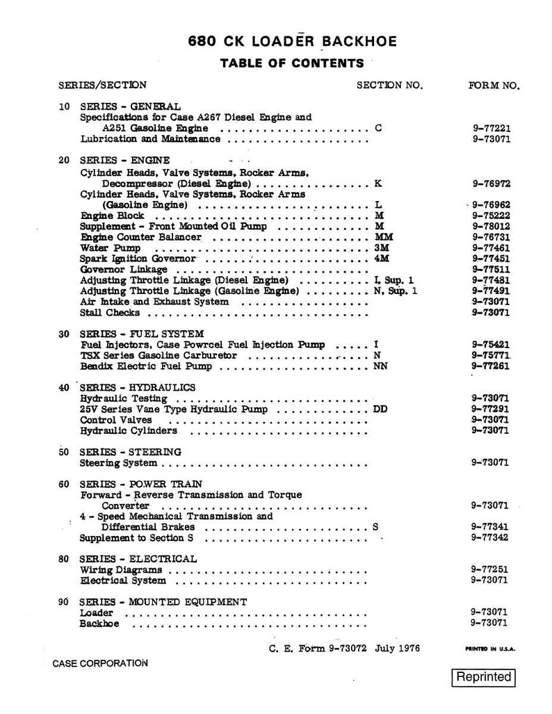 May include: A black and white document titled "680 CK Loader Backhoe Table of Contents." The document lists various sections and series, including engine, fuel system, hydraulics, steering, power train, electrical, and mounted equipment. Form numbers are listed.