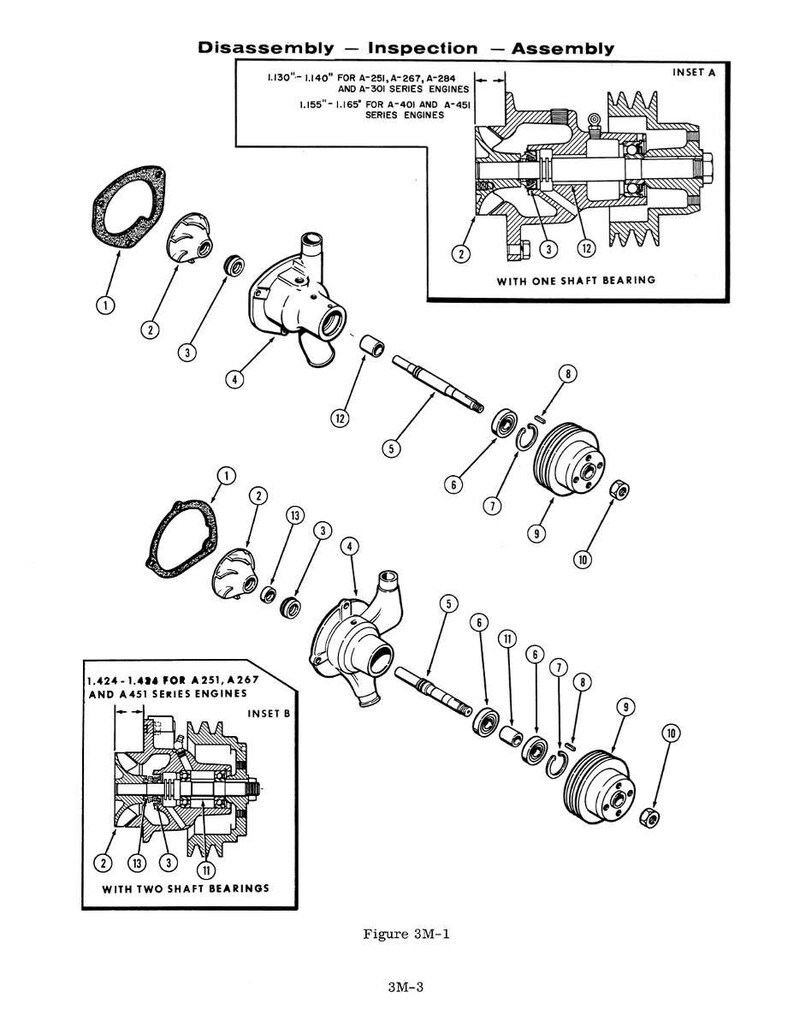 May include: An exploded diagram of engine components, labeled with numbers and text. The diagram includes detailed illustrations of various parts, such as bearings, seals, and housings, with inset diagrams for specific engine types. The text includes "Disassembly - Inspection - Assembly."