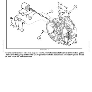 May include: An exploded view diagram of a power shuttle transmission lubrication system, showing plugs, filters, and various components. The diagram includes numbered parts and labels for easy identification. The image is a technical illustration.