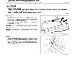 May include: Diagram of an engine hood with instructions for opening and closing. The image includes warnings about rotating parts and falling objects. Step-by-step illustrations show the process, with numbered components and arrows.