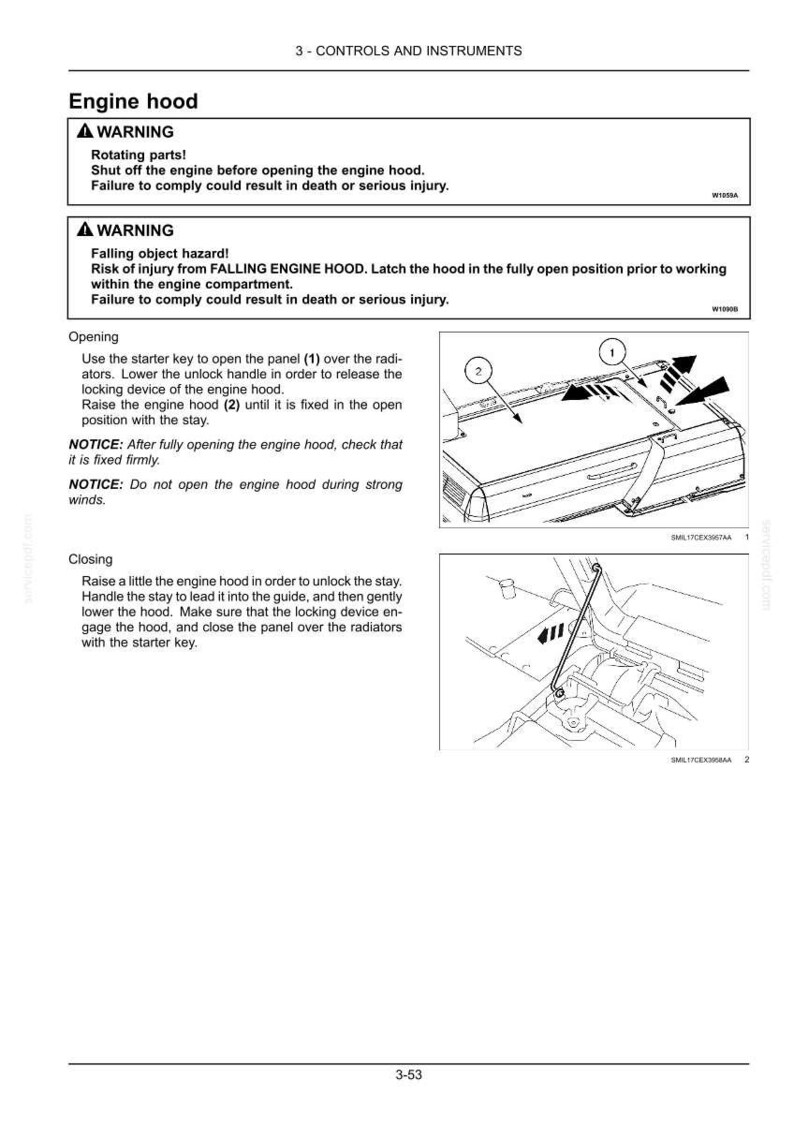 May include: Diagram of an engine hood with instructions for opening and closing. The image includes warnings about rotating parts and falling objects. Step-by-step illustrations show the process, with numbered components and arrows.