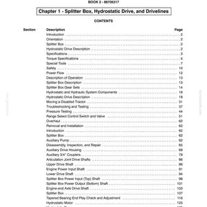 May include: A technical document page titled Section 21 - Transmissions, Book 2 - 86705317, Chapter 1 - Splitter Box, Hydrostatic Drive, and Drivelines. It lists contents including Introduction, Specifications, Safety, Power Flow, and various repair procedures.