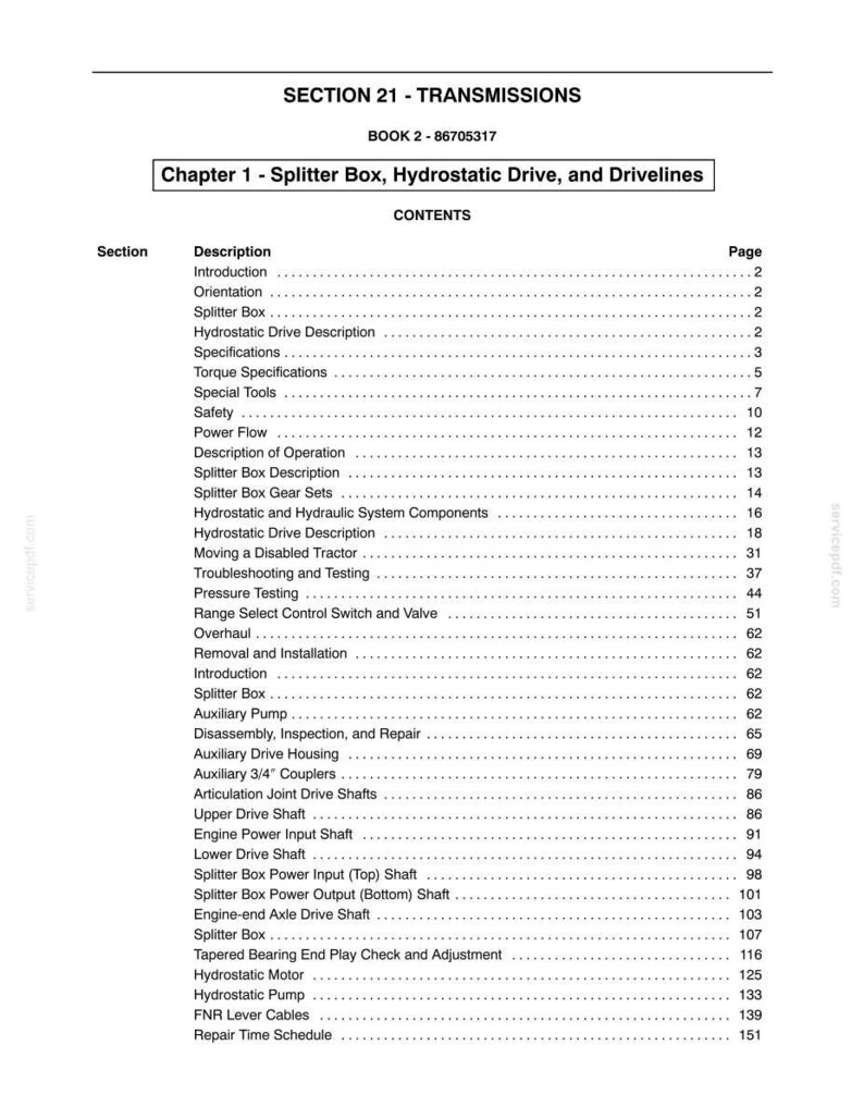 May include: A technical document page titled Section 21 - Transmissions, Book 2 - 86705317, Chapter 1 - Splitter Box, Hydrostatic Drive, and Drivelines. It lists contents including Introduction, Specifications, Safety, Power Flow, and various repair procedures.
