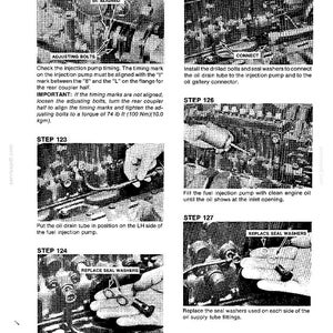 May include: A black and white technical diagram with instructions for automotive repair. The diagram includes steps for injection pump timing, connecting oil drain tubes, and replacing seal washers. Text includes "Adjusting Bolts" and "Replace Seal Washers".