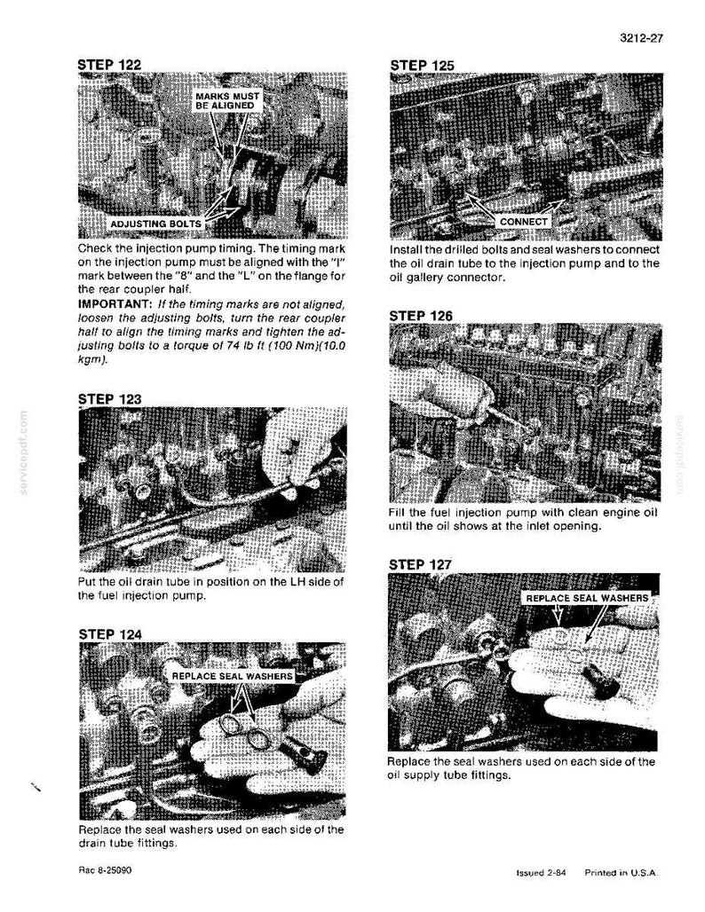 May include: A black and white technical diagram with instructions for automotive repair. The diagram includes steps for injection pump timing, connecting oil drain tubes, and replacing seal washers. Text includes "Adjusting Bolts" and "Replace Seal Washers".
