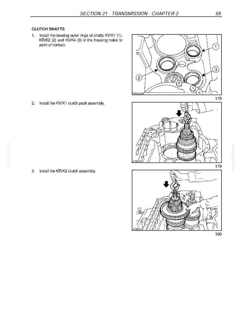May include: Diagram from a manual showing the installation of clutch shafts. The image includes detailed illustrations of the process, with labels and arrows indicating the steps. Text at the top reads "SECTION 21 - TRANSMISSION - CHAPTER 2".