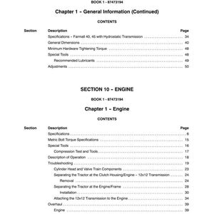 May include: A manual page with headings like "SECTION 00 - GENERAL INFORMATION" and "SECTION 10 - ENGINE". It lists descriptions and page numbers for topics such as engine specifications and tractor maintenance procedures.