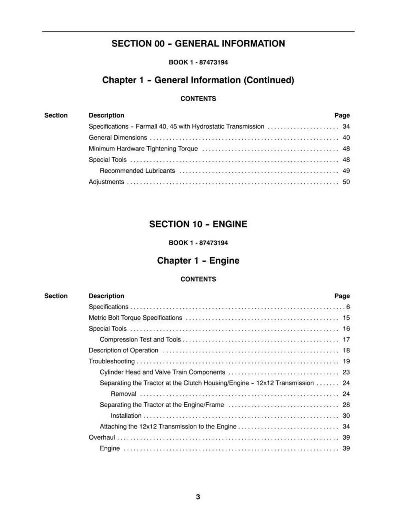 May include: A manual page with headings like "SECTION 00 - GENERAL INFORMATION" and "SECTION 10 - ENGINE". It lists descriptions and page numbers for topics such as engine specifications and tractor maintenance procedures.